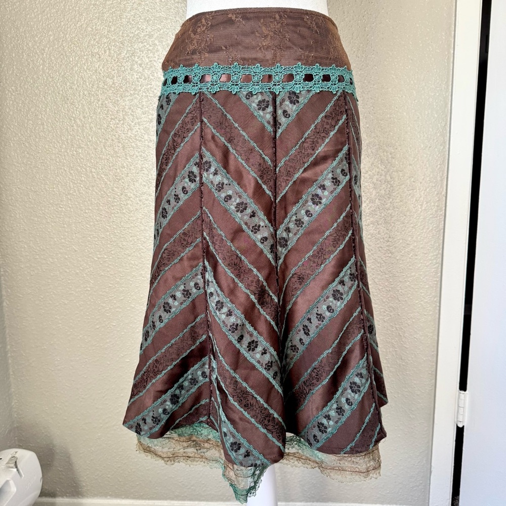Brown Teal Whimsigoth Boho Maxi Lace Women's Small Festival Fall A-line Skirt